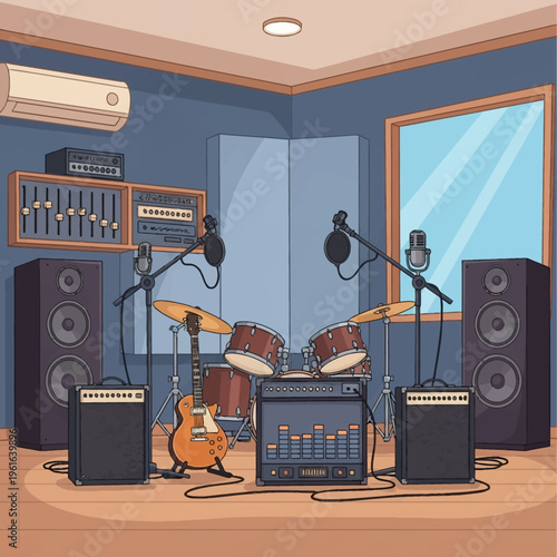 Cartoon illustration of a professional music recording studio interior featuring a drum kit, electric guitar, large floor speakers, amplifiers, microphones, and audio mixing gear.