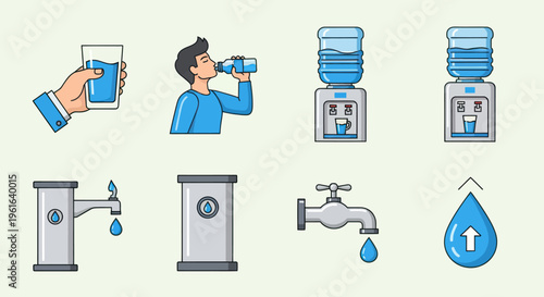 Healthy Hydration Icons: Water Cooler, Tap, Glass, Man Drinking