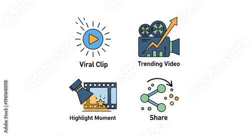 Social Media Video Icons: Viral Clip, Trending, Highlight, Share