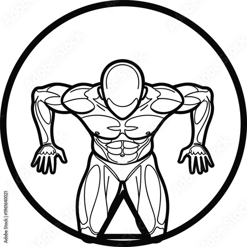 lack and white muscular male athlete push up vector illustration detailed anatomy fitness training concept strong body isolated circle design