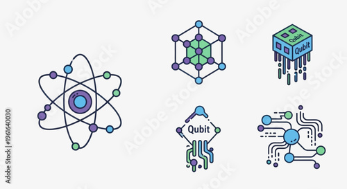 Quantum Computing Icons: Atom, Qubit, Network, Hexagon, Cube