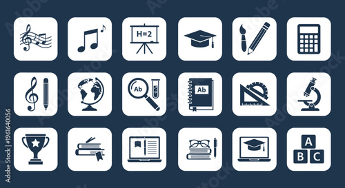 Education icon set with school supplies science tools music notes and graduation symbols for e-learning web design student apps textbooks and classroom materials