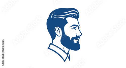 Blue profile illustration of a bearded man with stylish hair