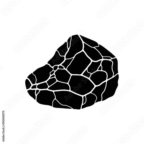 Black vector silhouette of a cracked stone or limestone rock with fragmented surface patterns and segmented texture isolated on a white background for graphic design use.