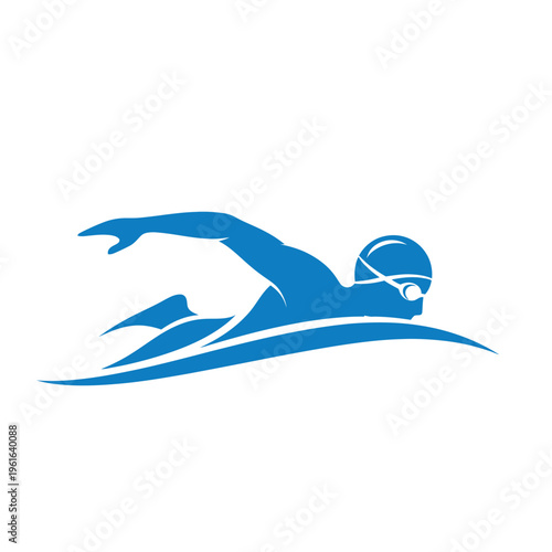 Blue swimmer silhouette icon with cap and goggles