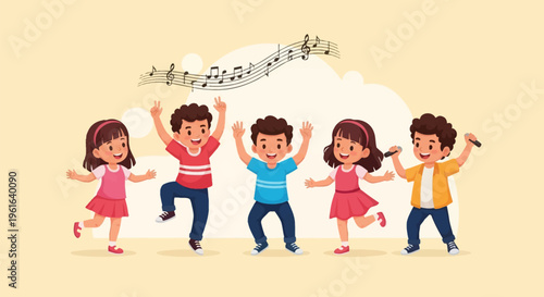 Vector illustration of five happy children dancing and singing with microphones against a beige background featuring musical notes on a staff, showcasing energetic kids in colorful outfits.