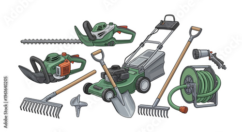 Collection of various gardening tools for yard work and landscaping