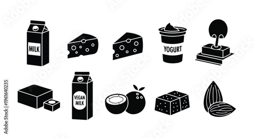 Dairy and food icons, milk, cheese, yogurt, black vector illustrations, 10 icons set