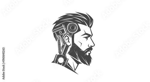 Cyborg man head profile with mechanical parts and beard