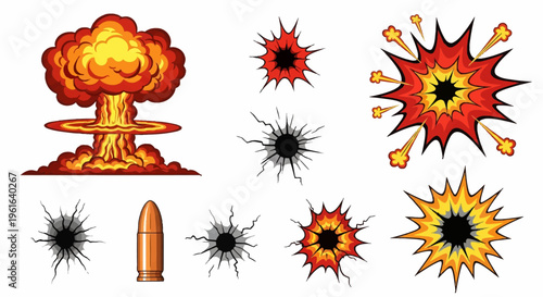Comic style vector set featuring a large nuclear mushroom cloud explosion, various bullet hole impact craters with cracks, starburst effect designs, and a single brass bullet element.