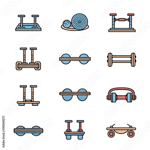 Comprehensive collection of gym and rehabilitation equipment icons featuring dip bars, balance discs, therapy balls, pull-up stations, and ergonomic exercise platforms.