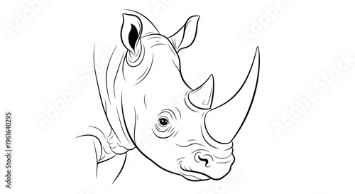 Detailed black and white line art of rhinoceros head