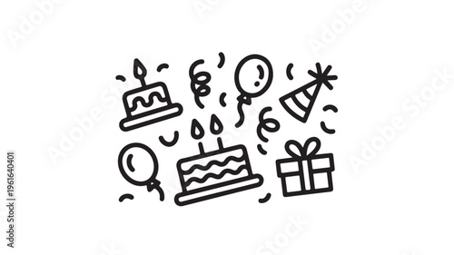 Birthday Party Celebration Icons Floating On White Background For Greeting Cards