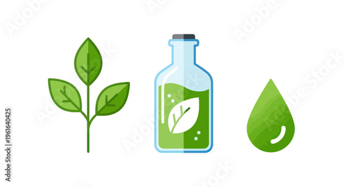 Green Leaves, Herbal Extract Bottle, and Water Droplet Icon Set - Natural Ingredients