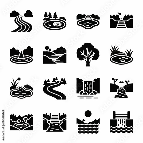 Collection of 16 solid glyph icons featuring diverse natural water features such as rivers, ponds, waterfalls, fountains, bridges, and streams within forest and mountain landscapes.