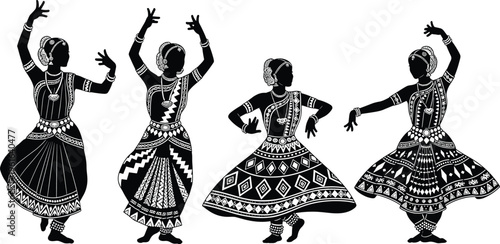 Four classical Indian dancer silhouettes in ornate traditional attire, jewelry, mudras, cultural heritage, graceful poses, artistic expression, symmetry, detailed costume patterns