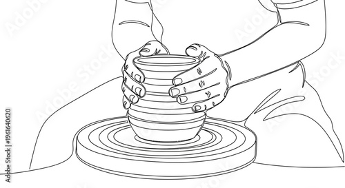 Hands shaping clay on a pottery wheel, creating ceramic art, close-up
