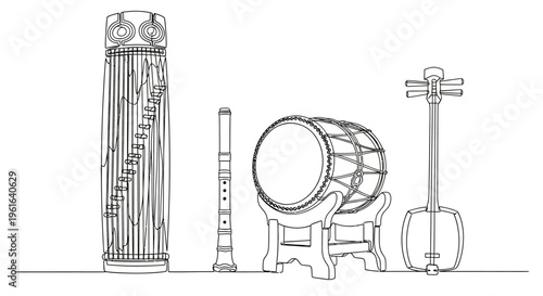 Japanese Traditional Musical Instruments Line Art Drawing