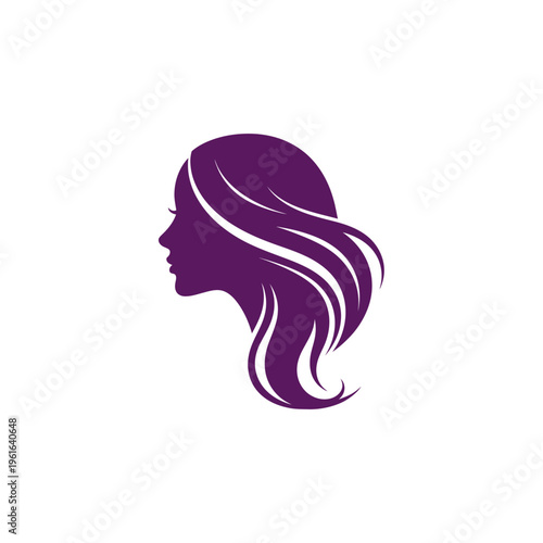 Elegant woman's head silhouette with flowing purple hair profile