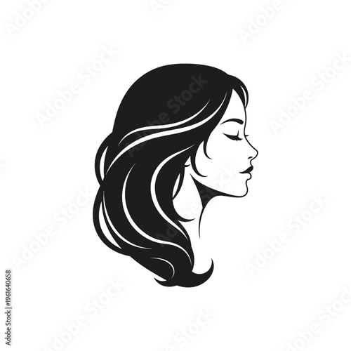 Elegant woman profile with long flowing hair and closed eyes