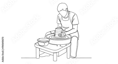 Artist shaping clay on pottery wheel, hands crafting ceramic, creative hobby, isolated line art.
