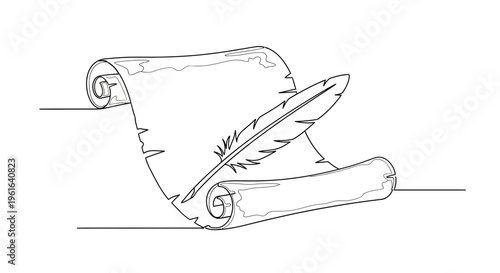 Antique scroll with feather quill pen, vintage writing tool, historical document illustration