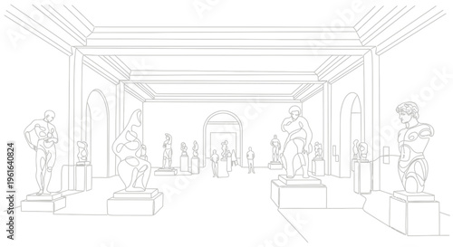 Sketch of a classical art museum gallery with sculptures and architectural details