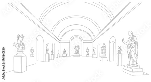 Museum Interior Line Drawing: Classical Sculptures in Gallery Hall