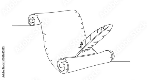 Hand-drawn continuous line art of a quill pen and ancient scroll, representing writing and history.