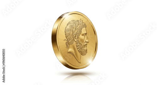 Golden coin with ancient man profile and laurel wreath