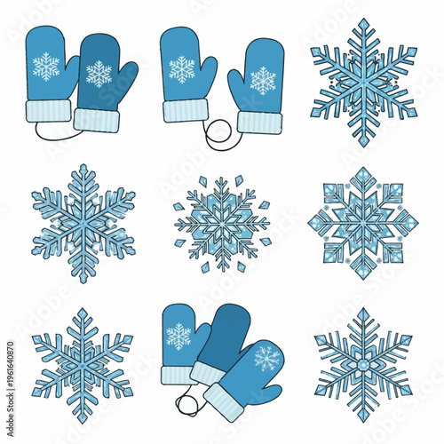 Set of blue winter icons featuring six detailed geometric snowflakes and three variations of mittens with snowflake patterns, isolated on a white background for seasonal graphic design.