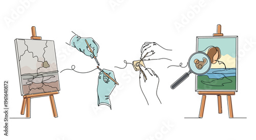 Artist's creative process: sketch, refine, and finalize painting on easel