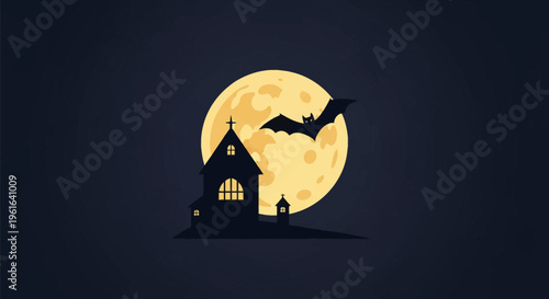 Silhouette of a haunted church and gothic building with glowing yellow windows set against a large textured full moon and a flying bat on a dark navy blue night sky background.