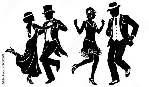 Minimalist vector silhouettes of two couples dancing in 1920s fashion. This high-contrast black design features flapper dresses and formal tuxedos, capturing the energy of the Jazz Age.