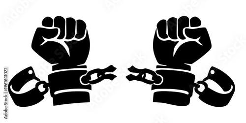 Minimalist vector silhouette of two raised fists breaking free from shackles. This high-contrast black design represents liberty, empowerment, and overcoming obstacles.