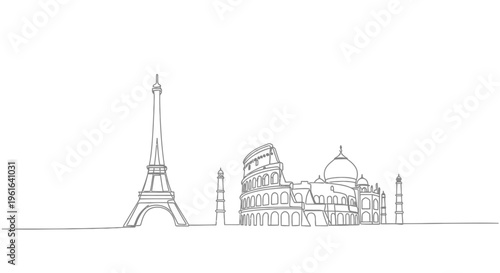 World Famous Landmarks Skyline Drawing, Eiffel Tower, Colosseum, Taj Mahal