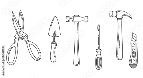 Hand drawn outline icons of various construction and garden tools