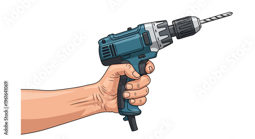 Hand holding electric power drill with drill bit