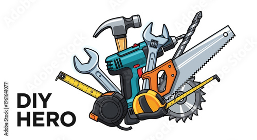 Handyman and home improvement tools with DIY Hero text