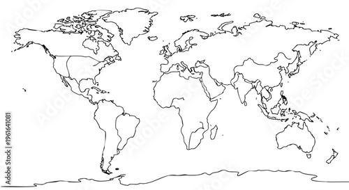 Outline world map for educational purposes showing continents and major landmasses on a blank canvas for geographic study