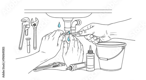 Hands fixing a leaking sink pipe with tools and sealant