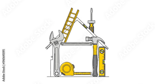 House outline formed by construction tools on white background