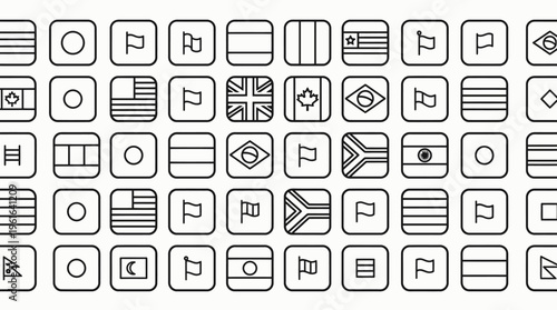 Minimalist global flag pattern featuring diverse national symbols as crisp outline icons, representing international community and unity