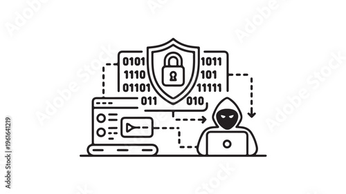 Cyber Security Concept With Hacker And Shield Protecting Data On Computer For Technology Backgrounds
