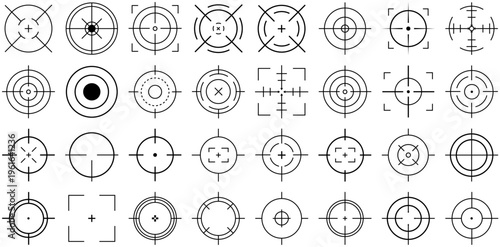 Crosshair Target Icon Set, Aim Reticle Collection, Minimal Line Vector UI HUD Elements