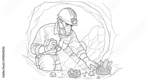 Miner carefully extracting minerals in a cave setting.