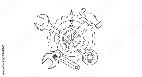 Mechanical tools and gears line art design illustration