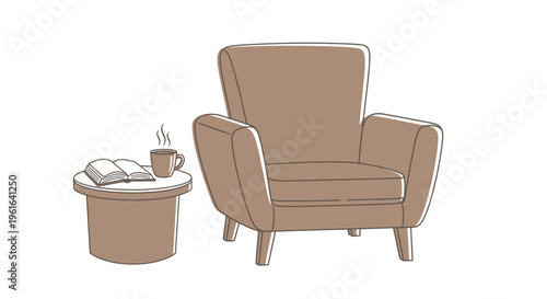 Minimalist armchair, book, steaming cup on side table