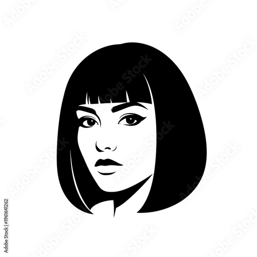 Minimalist black and white woman's face with bob haircut