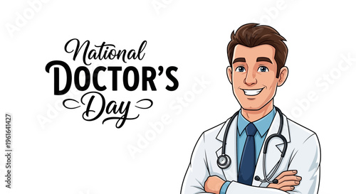 Illustration of a smiling doctor in a white coat with a stethoscope for National Doctor's Day and Physician Appreciation Day in a graphic resource concept.